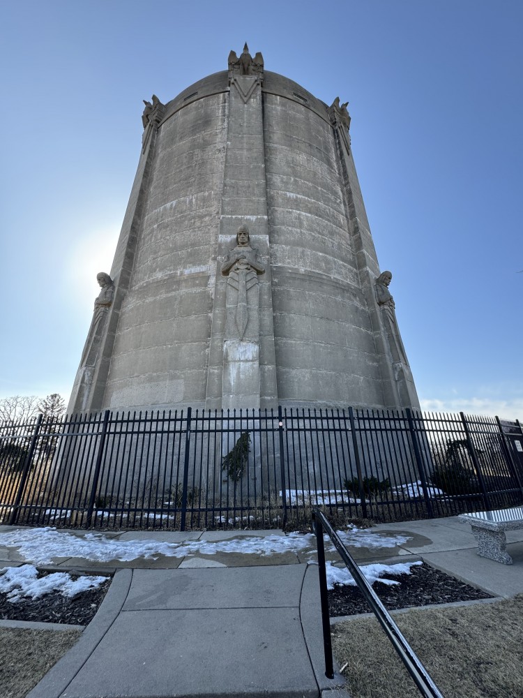 The Washburn Water Tower in Minneapolis, MN, a giant concrete tower with ornamental eagles and guardians